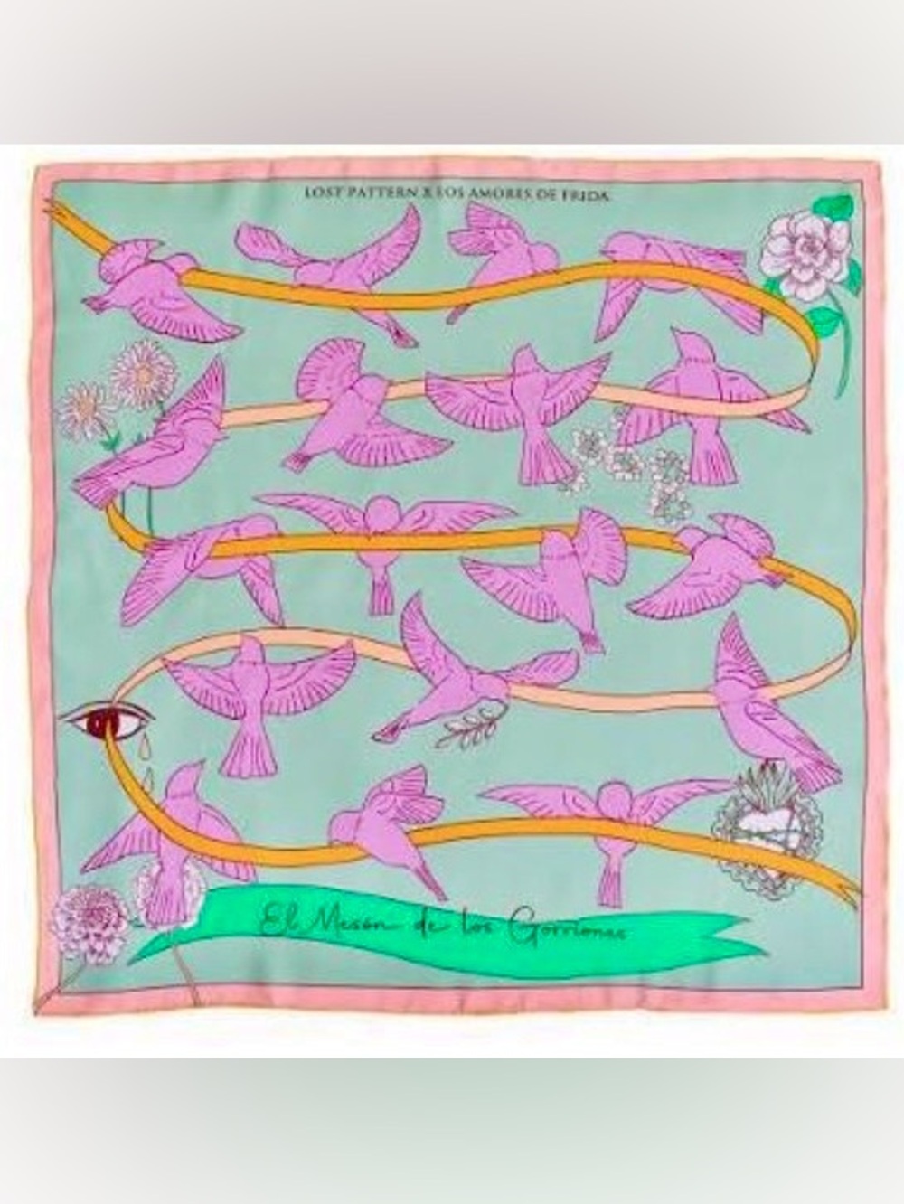 FRIDA LOST PATTERN "HOUSE OF FRIDA Kahlo SILK BANDANA SCARF PINK Green Gold NWT